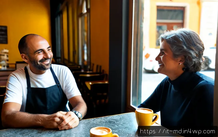 소셜 증명과 고객 충성도 프로그램 - Photorealistic Italian neighborhood café, a friendly barista warmly greeting a returning middle-aged...